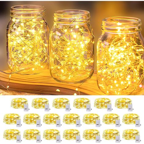 20 catene di luci LED a batteria, 3 modalità: luce fissa, lampeggiante (lenta e veloce), lunghezza 2 m, 20 LED ciascuna, luce bianca calda. (1/5)