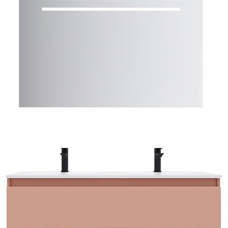 Meuble de salle de bain suspendu double vasque intégrée 120cm 1 tiroir Abricot + miroir - Hudson (1/5)