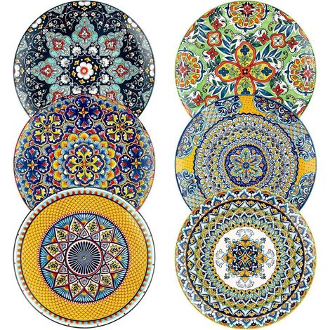 HENXFEN LEAD Speiseteller Porzellan 27cm Set 6 Stück Bunt Bohemian Style (1/5)