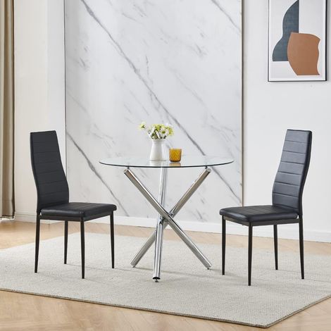 90x90 Round Table and Chairs, Round Glass Table with Chairs, Dining Table Set of 2/4 (Faux Leather, Black, With 2 Chairs) (1/5)