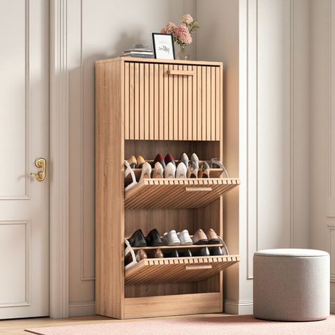 Meuble à Chaussures Moderne pour entrée, 18 Paires de Chaussures avec 3 Portes abattants, Organiseur à Chaussures en Bois à 3 Niveaux, Armoire de Rangement à Chaussures, Naturel (1/5)