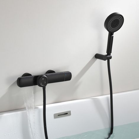 Grifo Ducha Termostatico Negro, Grifo Bañera con Ducha de Mano de 3 Modos, Grifos de Ducha Cascada de Latón con Caño Giratorio y Manguera de PVC de 1,5m, Pared, Mango Doble, para Baños (1/5)