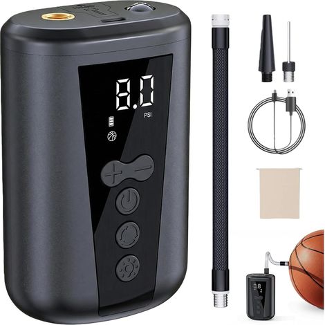 Pompe Electrique pour Ballons, Gonfleur Electrique Portable avec Fonction USB, Gonfleur Intelligente, Lumière LED, pour Football, Basketball, Volleyball, Inclus Aiguilles et Embouts (1/5)