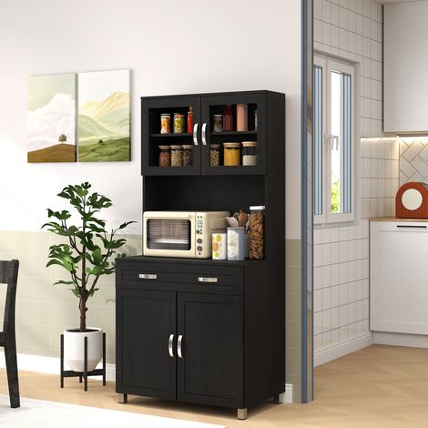 Buffet haut cuisine. armoire de cuisine avec 4 portes. tiroir. plan de travail. étagères réglables. 80x48x170cm. noir