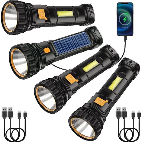 Linternas LED solares (juego de 4), recargables de 1200 mAh, con cable de carga USB, resistentes al agua IPX4, 3 modos de iluminación, adecuadas para acampar, hacer senderismo y situaciones de emergen (1/5)