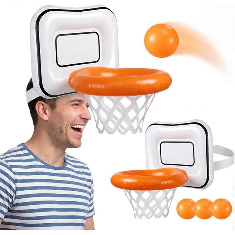 Lot de 2 paniers de basket gonflables avec chapeau - jeu de lancer à fixer sur la tête avec 4 ballons. Convient aux enfants et aux adultes, idéal pour les fêtes et les activités de plein air. (1/5)
