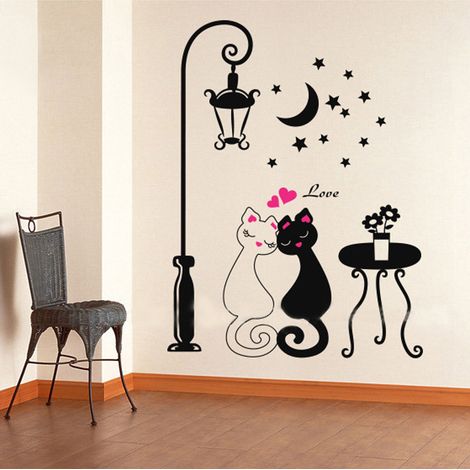 Sticker mural chats couple – Déco chambre enfant – Mignon – Adhésif – Facile à poser (1/5)
