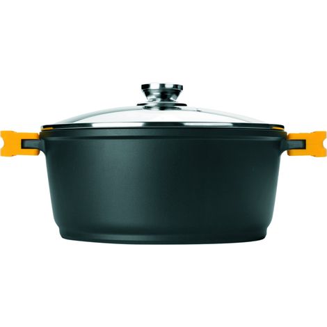 Casserole en Fonte d’Aluminium, Couvercle en Verre et poignées en Silicone, 28 cm, Antiadhésif, Compatible avec l’Induction