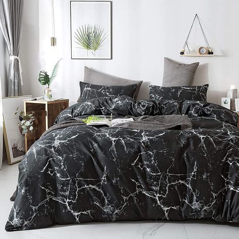 Parure de lit 2 pièces en microfibre marbrée avec housse de couette 140 x 200 cm et taie d'oreiller à fermeture éclair 70 x 90 cm - Noir (1/5)