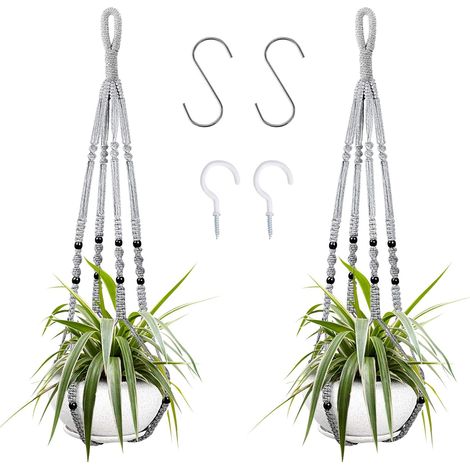 Juego de 2 macetas colgantes de macramé, cestas de flores para interiores con cuentas decorativas de macramé de madera para decoración del hogar (gris) (1/5)