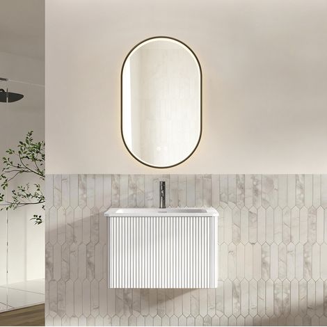 Ensemble meuble vasque suspendu blanc avec miroir LED, 61 cm (1/5)