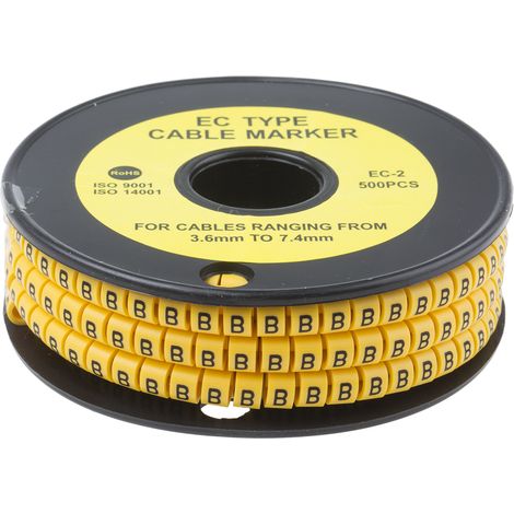 Repère câble , Ø câble 3.6 7.4mm, texte : B, Noir sur Jaune ( Prix pour Bobine de 500 )