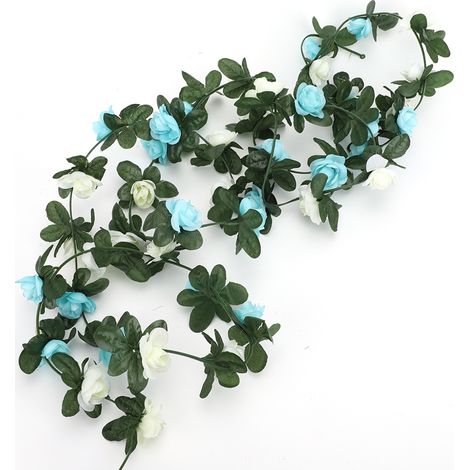 Tissu de vigne de roses artificielles avec feuilles vertes, adapté à la décoration de la maison, des mariages et du jardin, accessoires suspendus (bleu et blanc). (1/3)