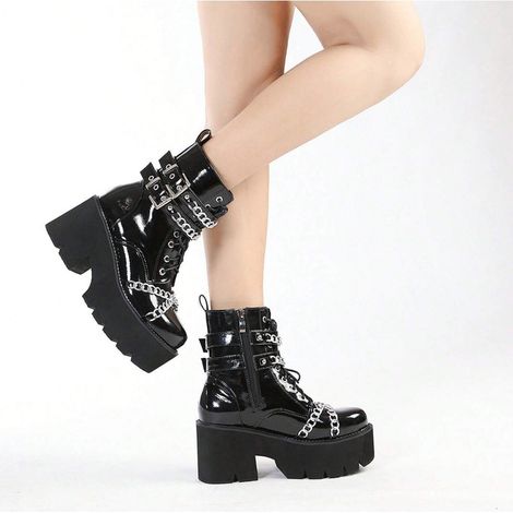 Bottes plates-formes femme à talon épais, semelle compensée imperméable, fermeture éclair latérale, bottines punk moto, chaussures courtes robustes (1/5)