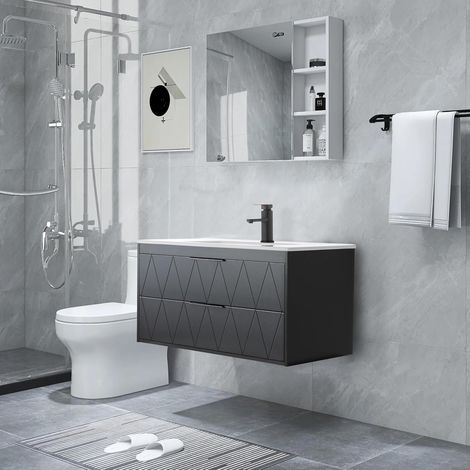 UEV 90CM Mobile Bagno Sospeso con Lavabo in Ceramica, Lavandino Bagno con 2 Cassetti, Lavandino Bagno con Mobiletto Moderno, Soft-Close, Nero (1/5)