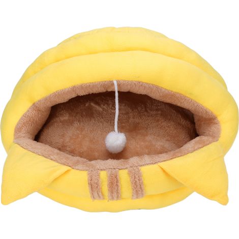 Decdeal Grotte pour Chat Semi-fermée Lit Chaud pour Animaux De Compagnie Détachable Maison pour Animaux De Dessin Animé pour L'automne Et L'hiver Jaune S