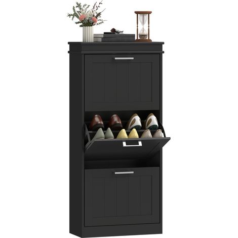 HOMCOM Slim Shoe Storage Cabinet with 3 Flip Drawers for Entryway, Black