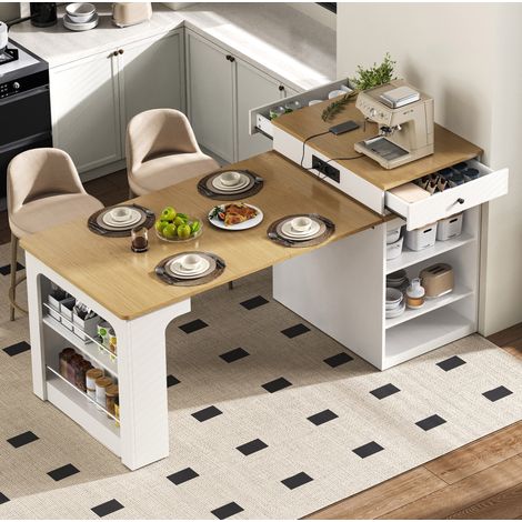 Mesa de cocina extensible con ruedas, enchufes y bandeja extraíble, blanca DESVIAE (1/5)