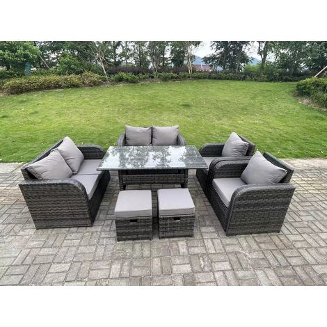 Fimous 8 Seater Dark Grey PE Wicker Rattan Garden Furniture Set Reclining Chair 2 Seater Love Sofa Set Outdoor Rectangular Dining Table 2 Stools (1/5)
