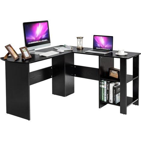 COSTWAY L-foermiger Computertisch, Eckschreibtisch mit 2 offenen Regalboeden und 2 Kabelführungsloechern Schreibtisch Bürotisch Holz (1/4)