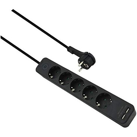 Helos Advanced - Regleta con 5 enchufes y Cargador USB (1,5 m, con Interruptor), Color Negro