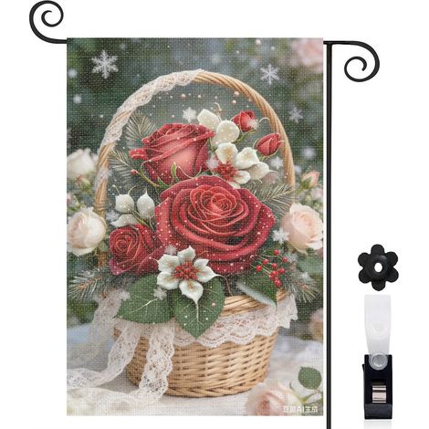 Bannière de cour fleurs de Noël et roses rouges 30 x 45 cm décoration extérieure et intérieure (1/5)