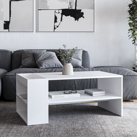 Table basse contemporaine blanche 100 x 55 cm avec étagères LORIE (1/5)