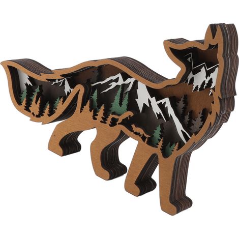 Kreatives dekoratives Holzobjekt, eine Fuchsfigur aus Holz, die ein nordamerikanisches Waldtier darstellt. (1/5)