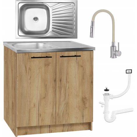 STAMAR Küchenschrank 80x50 - Eiche golden - Edelstahlspüle - elegantes Design - praktisch und modern