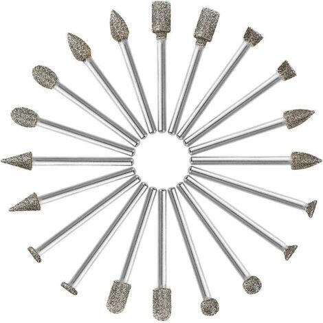 Fraises Diamant, 20Pcs Fraise Rotative Diamant (Foret/Tête/Pointe Diamantée) avec 3mm Tige pour Outil Rotatif (Meulage, Polissage, Gravure de Bricolage) (1/5)