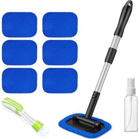 Autofensterreiniger mit 6 Mikrofasertüchern und Sprühdüsen, Scheibenreiniger mit ausziehbarem Griff (rechteckig, blau)