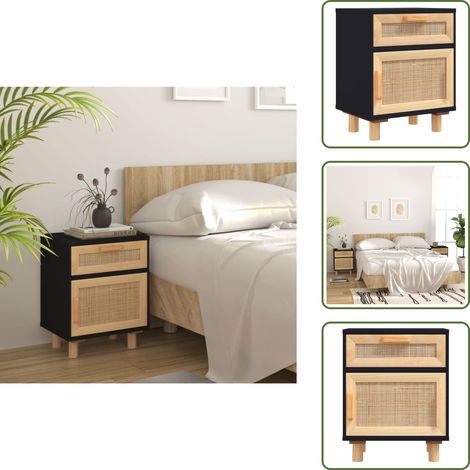 Comodino con scomparto - vidaXL Comodino Nero in Legno Massello di Pino e Rattan Naturale - Comodino in pino
