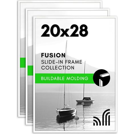 Lot de 3 cadres photo 50,8 x 71,1 cm avec couverture avant polie – Cadre photo coulissant avec moulage à construire – Collection Fusion – Cadres photo pour affichage mural – Blanc (1/5)