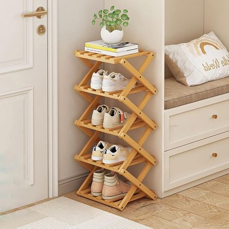 Petite étagère à chaussures pliable en bambou, organiseur en bois étroit et haut, pour couloir, entrée, 5 couches de couleur primaire (1/5)