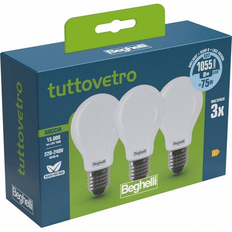 BEGHELLI LED GOCCIA E27  8W 58052 FREDDA 6500K 3 PZ 10 CF
