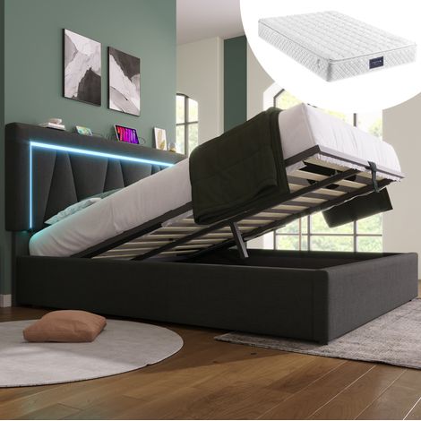 lit adulte coffre LED USB C 140x200 gris matelassé OKMYHOME (1/5)