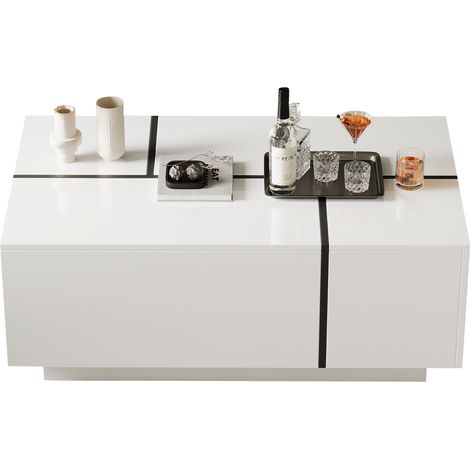 Table basse avec 4 tiroirs 100x60x40 cm blanc et noir, plateau supérieur brillant, grand rangement pour salon moderne, meuble design CHICFURN (1/5)