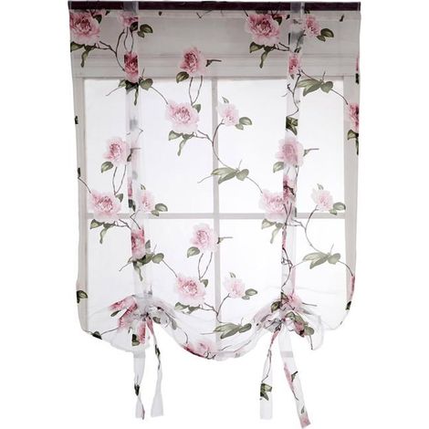 Rideau romain à fleurs transparent occultant avec ruban à nouer pour fenêtre (rose) (1/5)