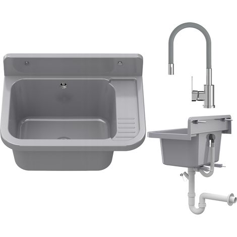 Granitan – Évier utilitaire en polypropylène 50x34cm – Bec pivotant 360° – Hauteur robinet 54cm – Siphon inclus pour garage et buanderie