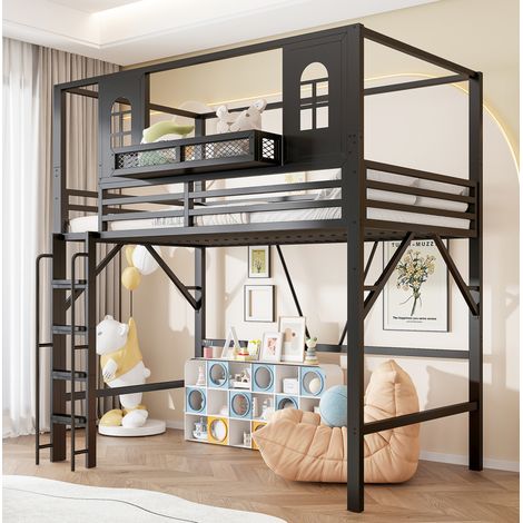 MODFU – Lit mezzanine enfant 90x200 cm – Toit, étagère, échelle – Hauteur sous lit 135 cm – Métal – Noir (1/5)
