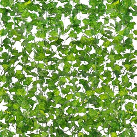 Lot de 12 guirlandes de lierre artificiel de 25,6 m (84 pi), résistantes aux UV, avec fausses feuilles vertes, pour décorer murs, chambres, jardins et clôtures. (1/5)