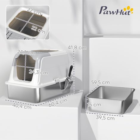 Bac à litière pour chat, toilettes pour chat avec couvercle, pelle à litière, entrée frontale et sortie par le haut, en acier inoxydable, jusqu'à 7 kg (1/5)