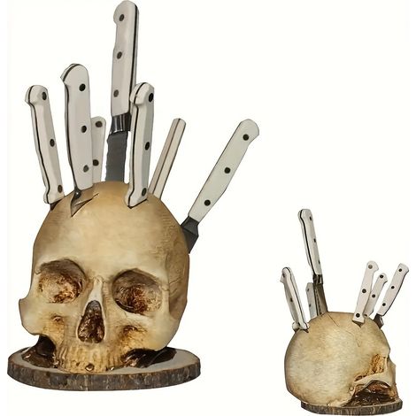 Porte-couteaux en forme de crâne pour la cuisine, support de rangement pour couteaux, décoration de cuisine d'Halloween. (1/5)