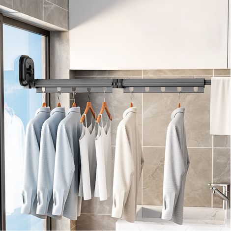 Séchoir à linge, rétractable, montage mural, avec ventouse, rétractable, pliable, avec crochets et porte-serviettes, pour balcon, salle de bain (1/5)