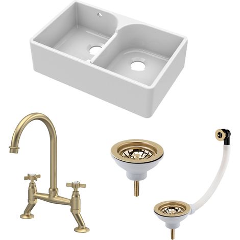 Fireclay Kitchen Sink Bundle - 795mm Double Bowl Butler Sink with Stepped Weir, Wastes & Crosshead Tap - Brushed Brass Balterley (1/5)