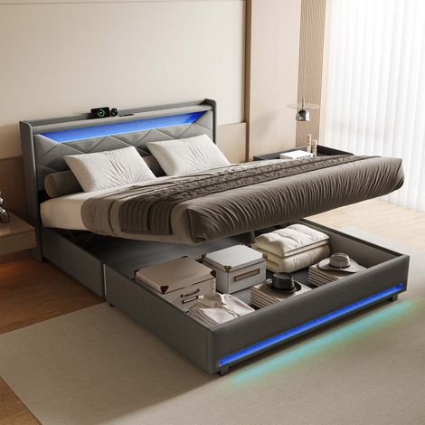Cama matrimoniales 140x190, cama 140x190 con somier, cama doble, cama para adultos, puertos USB e iluminación LED regulable, tela de lino, gris (1/5)