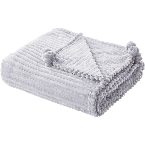 Morbido Plaid con Finitura a Coste e Bordi con Pompon 150 x 200 cm Grigio Chiaro Kaweri