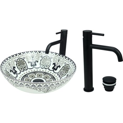 GTM Design Aufsatzwaschbecken 40 cm Glanz Set mit Waschtischbatterie und Stopfen - Aufsatzwaschbecken Oval für Badezimmer - Modernes Waschbecken ohne Hahnloch - Waschbecken mit Armature (1/5)