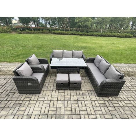 Fimous 10 Seater Lounge Rattan Sofa Set Outdoor Garden Furniture Oblong Rectangular Dining Table With Adjustable Chair 3 Seater Sofa 2 Small FootstoolsDark Grey Mixed