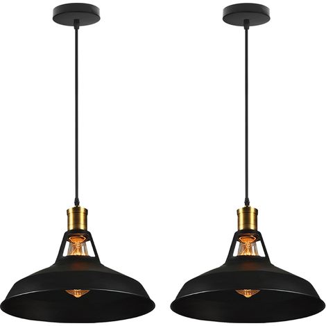 Lustre Suspension Industrielle Vintage Luminaire Plafonnier Abat-jour en Métal Lampe à Suspension Ajustable E27 Ø27CM Noir - 2Pcs